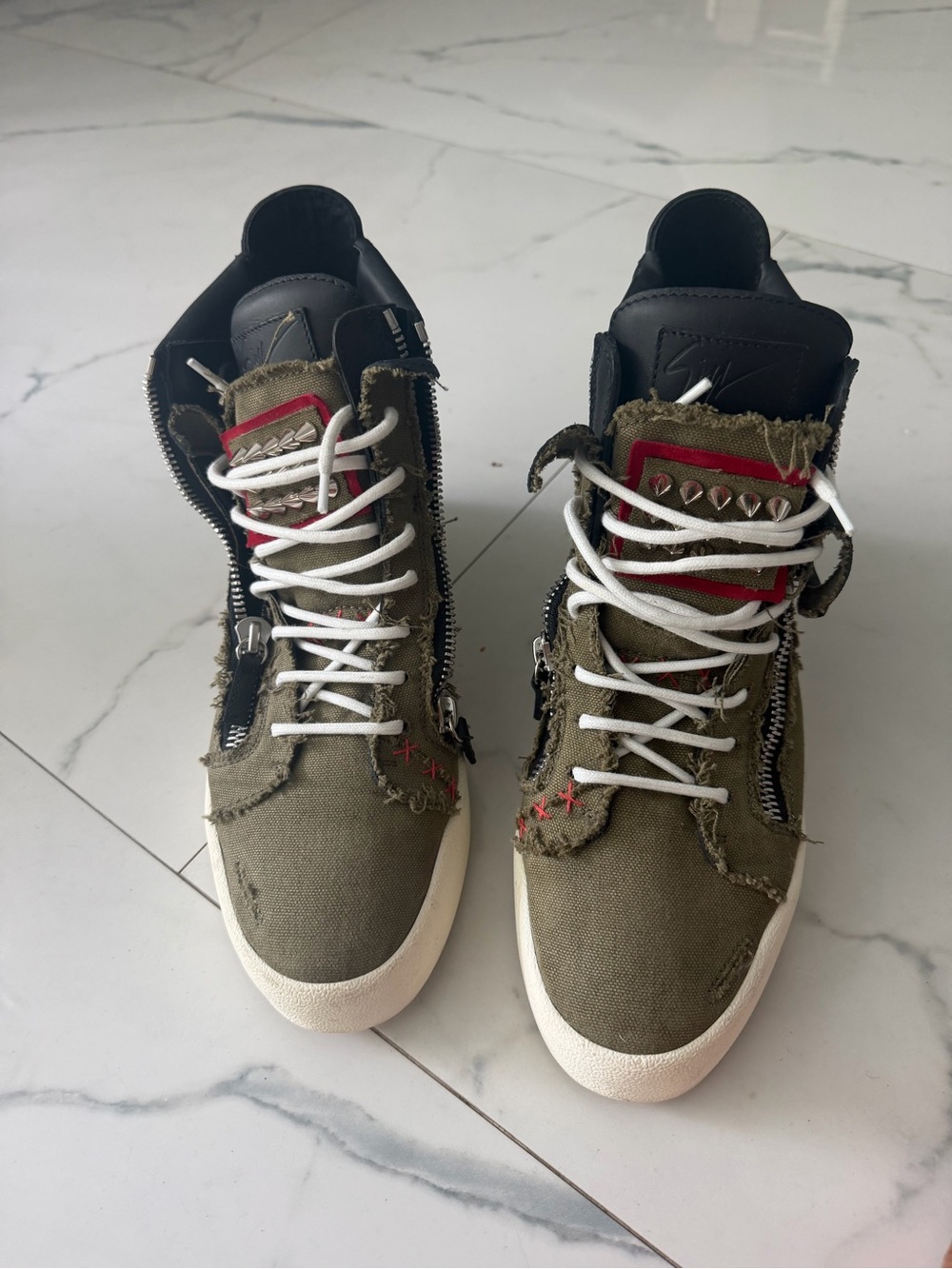 Giuseppe Zanotti "Chaos" Distressed Canvas Studded High-Top Sneakers